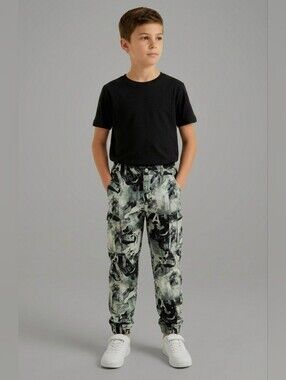 Urban Kids Printed Graffiti Camo Cargo Jogger Green Pants L 10-12 Unisex Boy